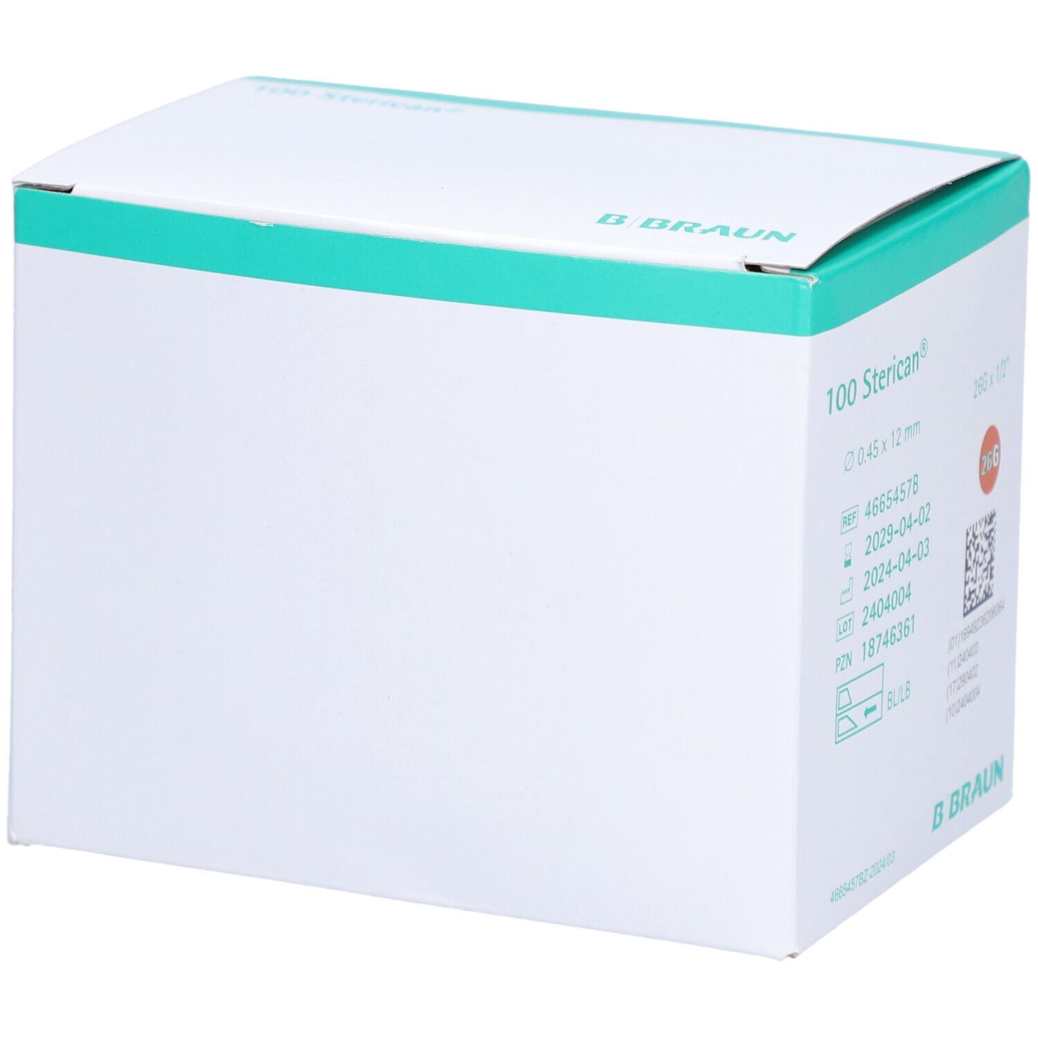 Verpackung von 100 Sterican® Kanülen. Angaben: 0,45 x 12 mm. B. Braun Logo. PZN-Nummer und Verfallsdatum.