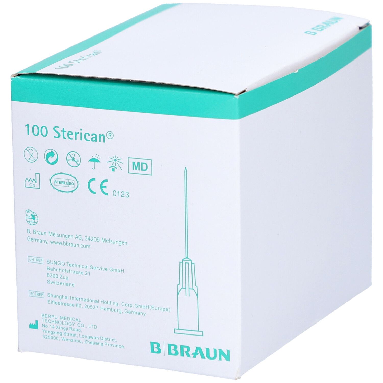 Verpackung von 100 Sterican® Kanülen. Aufschrift: 0,45 x 12 mm. CE-Kennzeichnung. B. Braun Logo. Kanüle sichtbar.