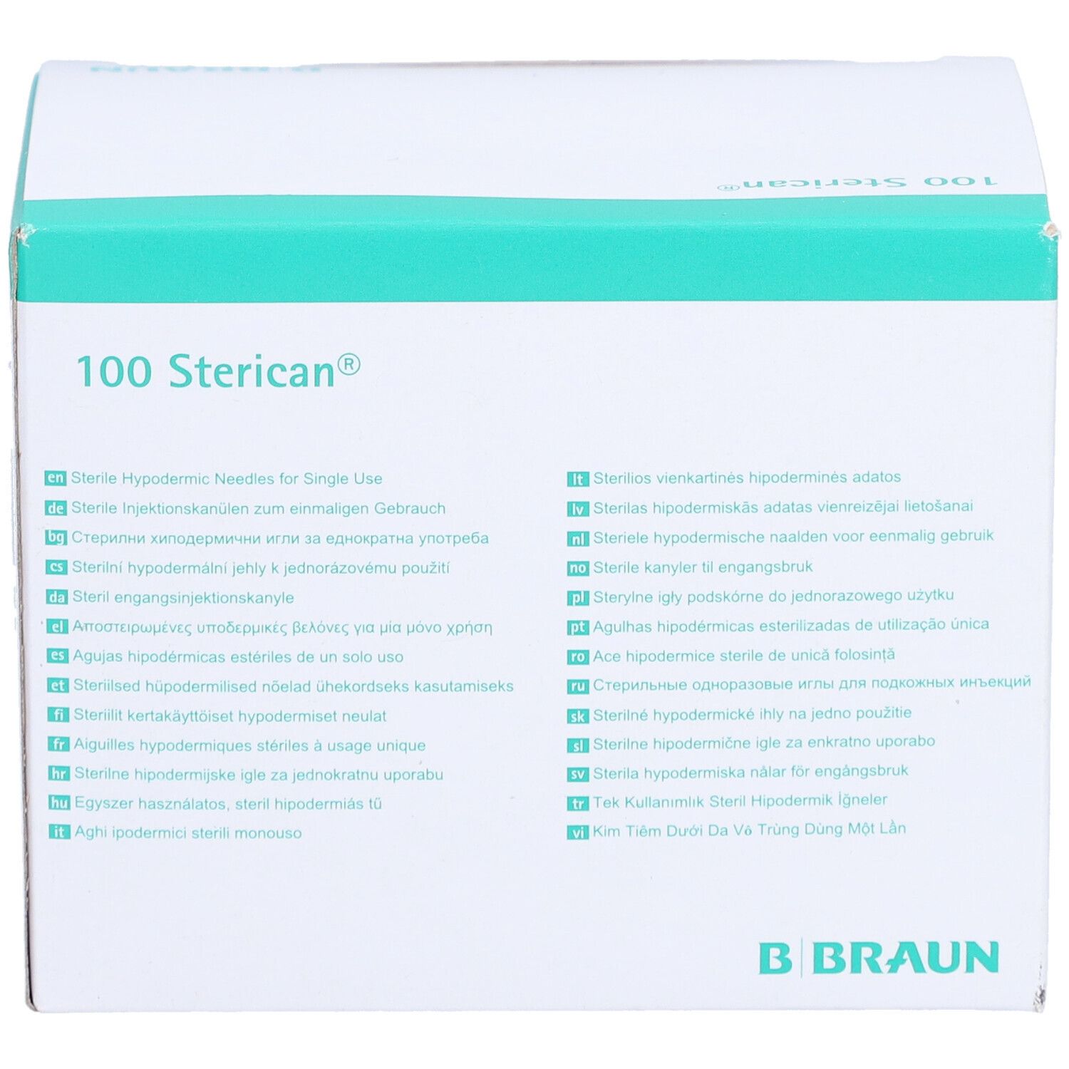 Verpackung von 100 Sterican® Kanülen. Aufschrift: Sterile Hypodermic Needles for Single Use. B. Braun Logo.