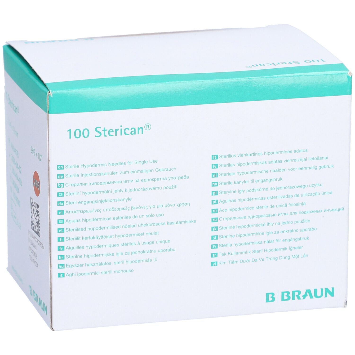Verpackung von 100 Sterican® Kanülen. Aufschrift: Sterile Hypodermic Needles for Single Use. B. Braun Logo.