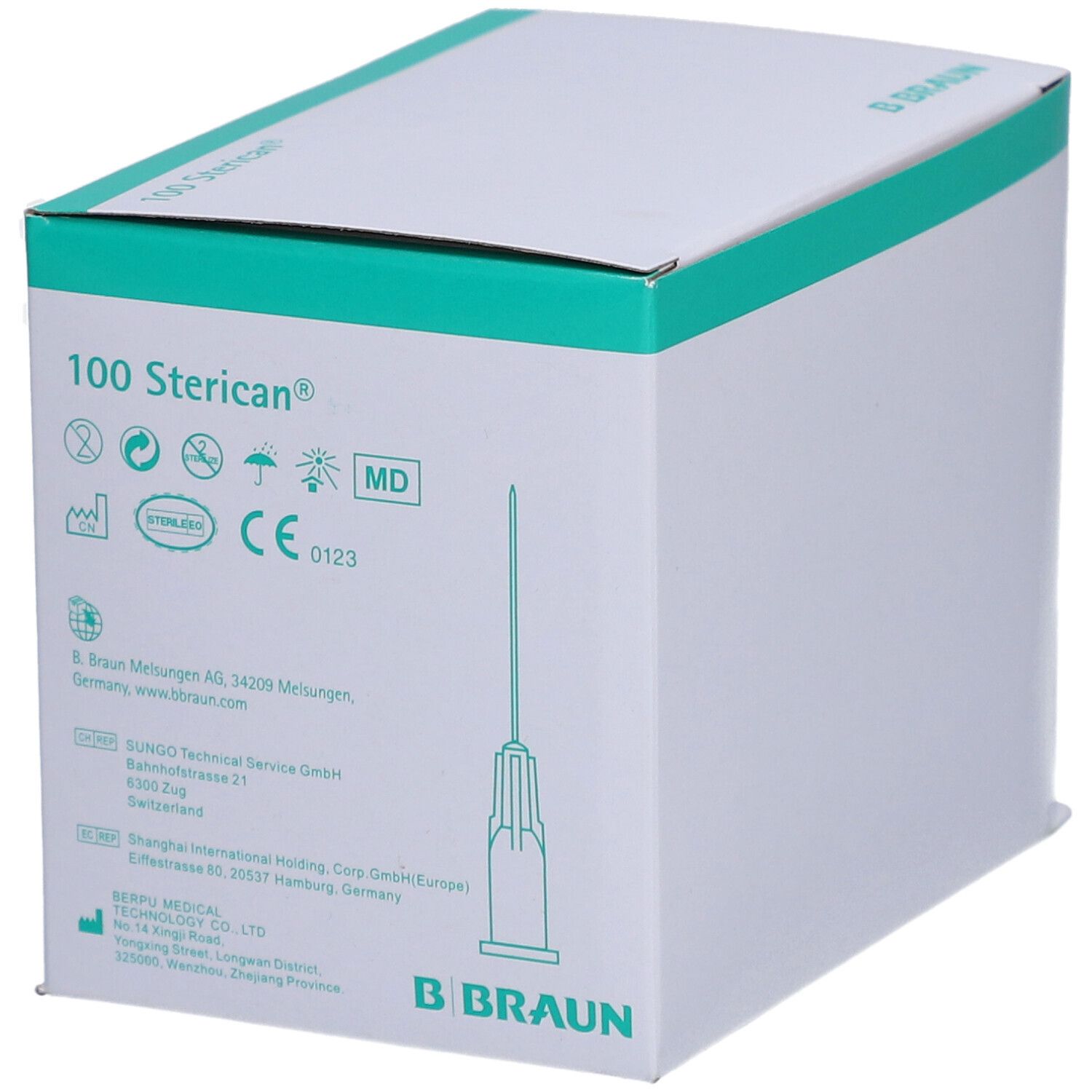 Verpackung mit 100 Sterican® Einmalkanülen. Grüne und weiße Box mit Produktinformationen und B. Braun Logo. Kanüle sichtbar.