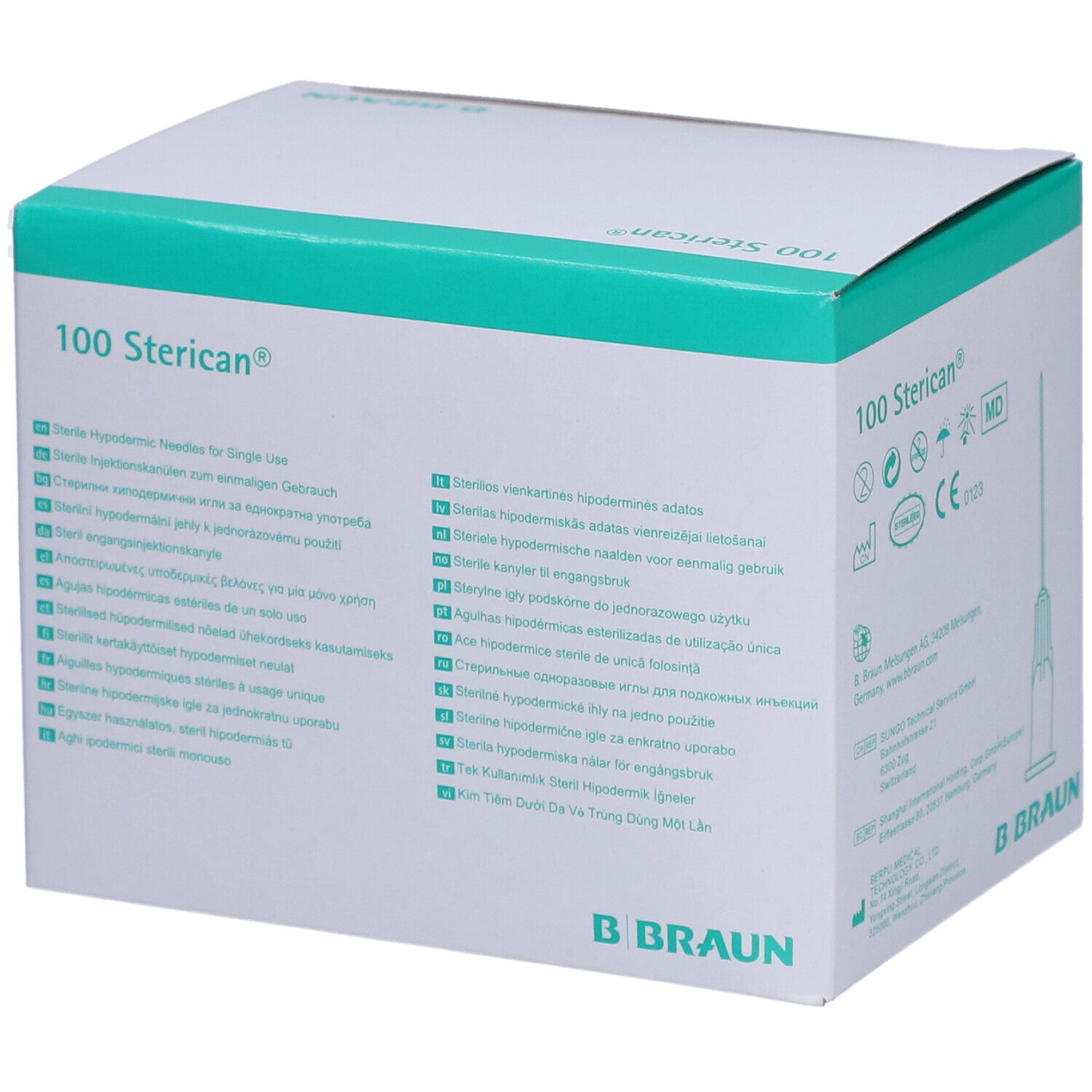Verpackung mit 100 Sterican® Einmalkanülen. Box mit Produktinformationen in verschiedenen Sprachen und B. Braun Logo. Kanüle sichtbar.