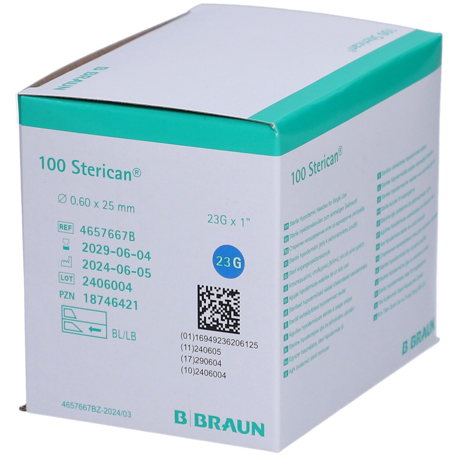 Verpackung mit 100 Sterican® Einmalkanülen. Box mit Produktinformationen, Größenangabe 0,60 x 25 mm und B. Braun Logo. 23G Nadel.