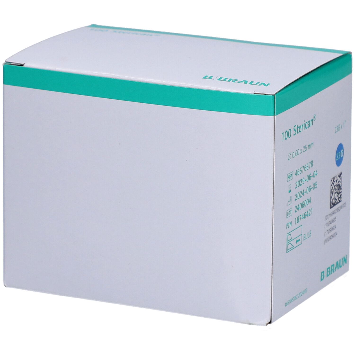 Verpackung mit 100 Sterican® Einmalkanülen. Box mit Produktinformationen und B. Braun Logo. Grüne und weiße Box.