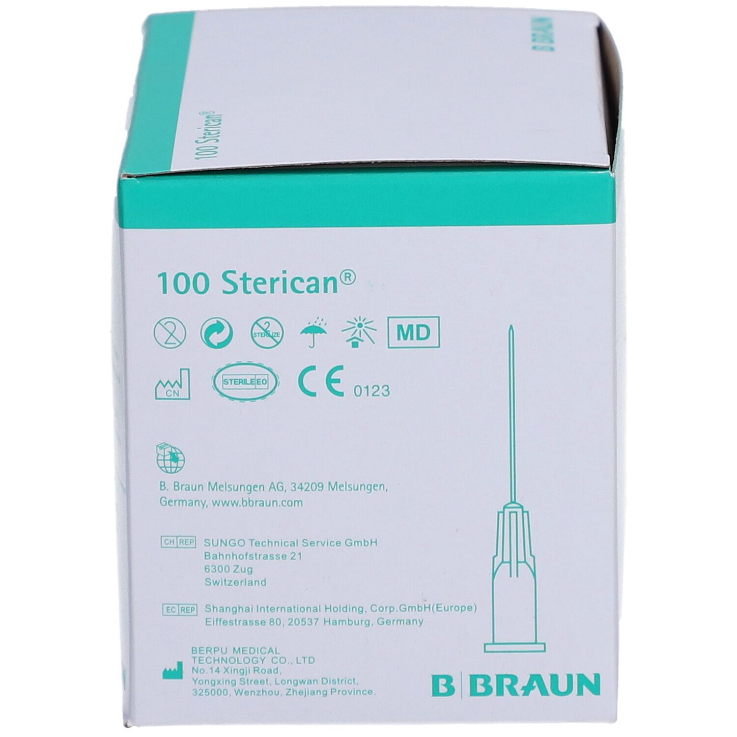 Verpackung mit 100 Sterican® Einmalkanülen. Box mit Produktinformationen, CE-Kennzeichnung und B. Braun Logo. Kanüle sichtbar.