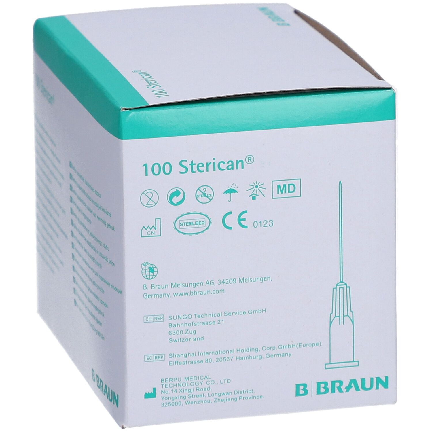 Verpackung mit 100 Sterican® Einmalkanülen. Box mit Produktinformationen, CE-Kennzeichnung und B. Braun Logo. Kanüle sichtbar.