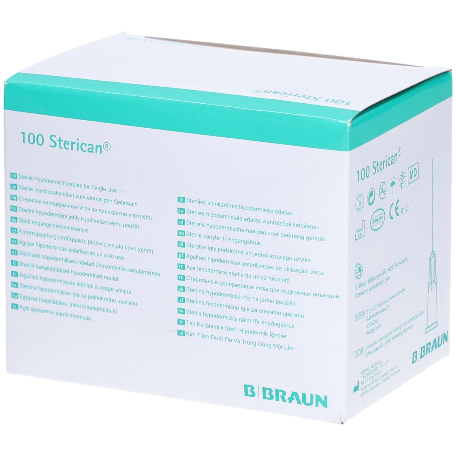 Verpackung mit 100 Sterican® Einmalkanülen. Aufschrift: Sterile Hypodermic Needles for Single Use. B. Braun Logo.