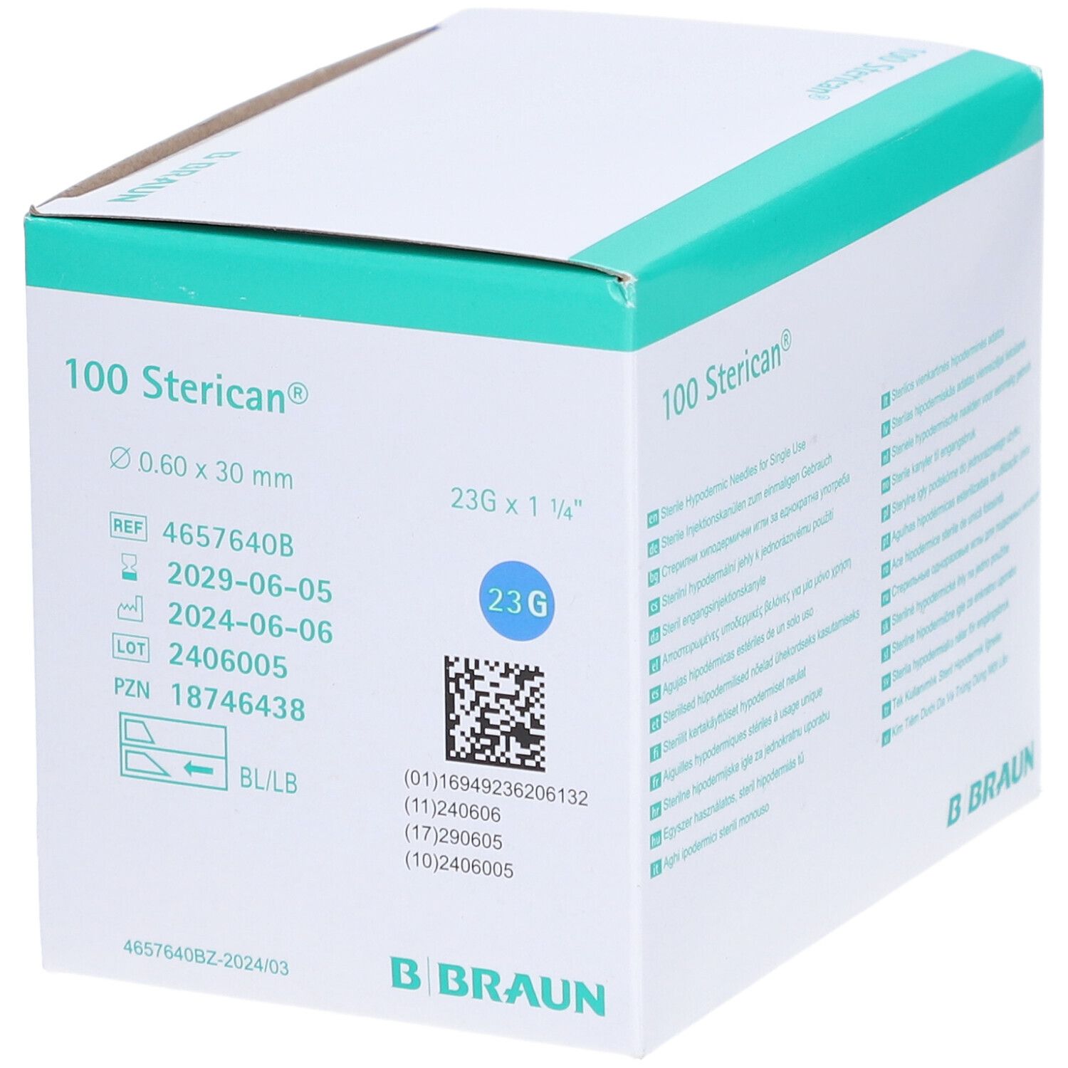 Verpackung mit 100 Sterican® Einmalkanülen. Angaben zu Größe, Chargennummer und Verfallsdatum. 23G Nadel. B. Braun Logo.