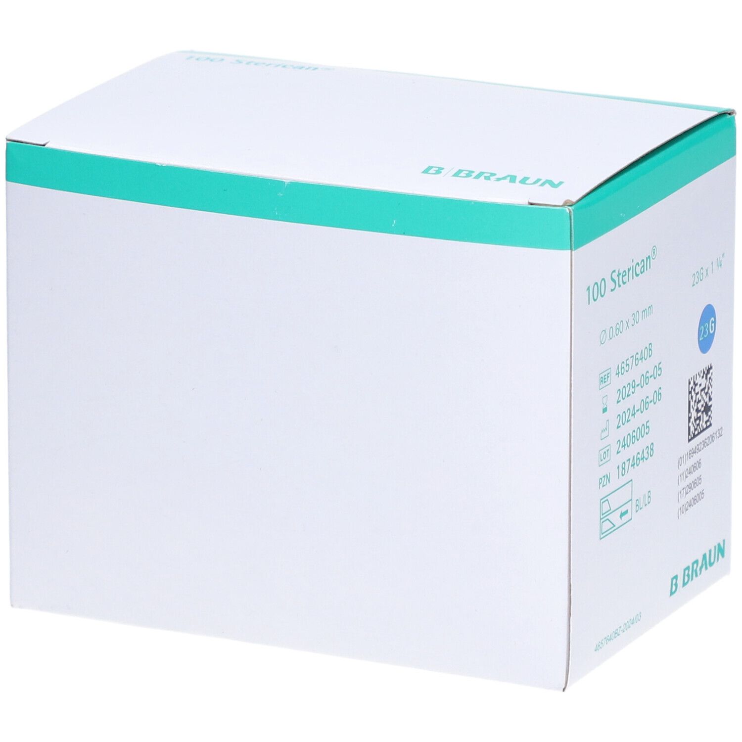 Verpackung mit 100 Sterican® Einmalkanülen. Angaben zu Größe, Chargennummer und Verfallsdatum. B. Braun Logo.