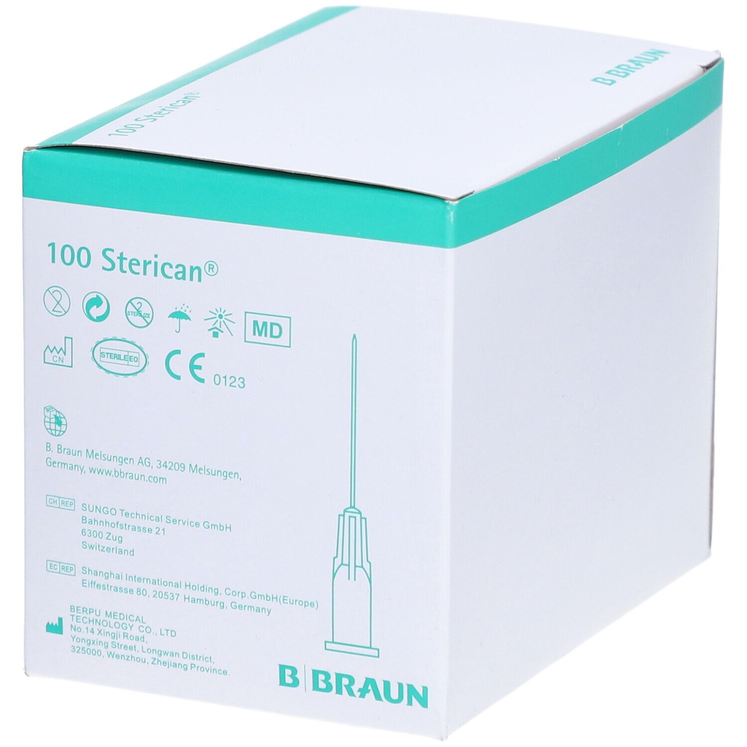 Verpackung mit 100 Sterican® Einmalkanülen. Aufschrift: Sterile Hypodermic Needles for Single Use. B. Braun Logo. CE-Kennzeichnung.
