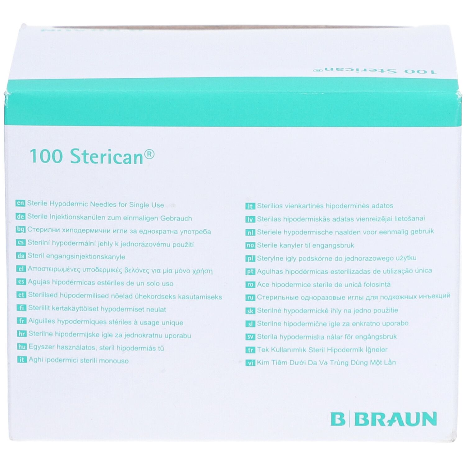 Verpackung mit 100 Sterican® Einmalkanülen. Aufschrift: Sterile Hypodermic Needles for Single Use. B. Braun Logo.