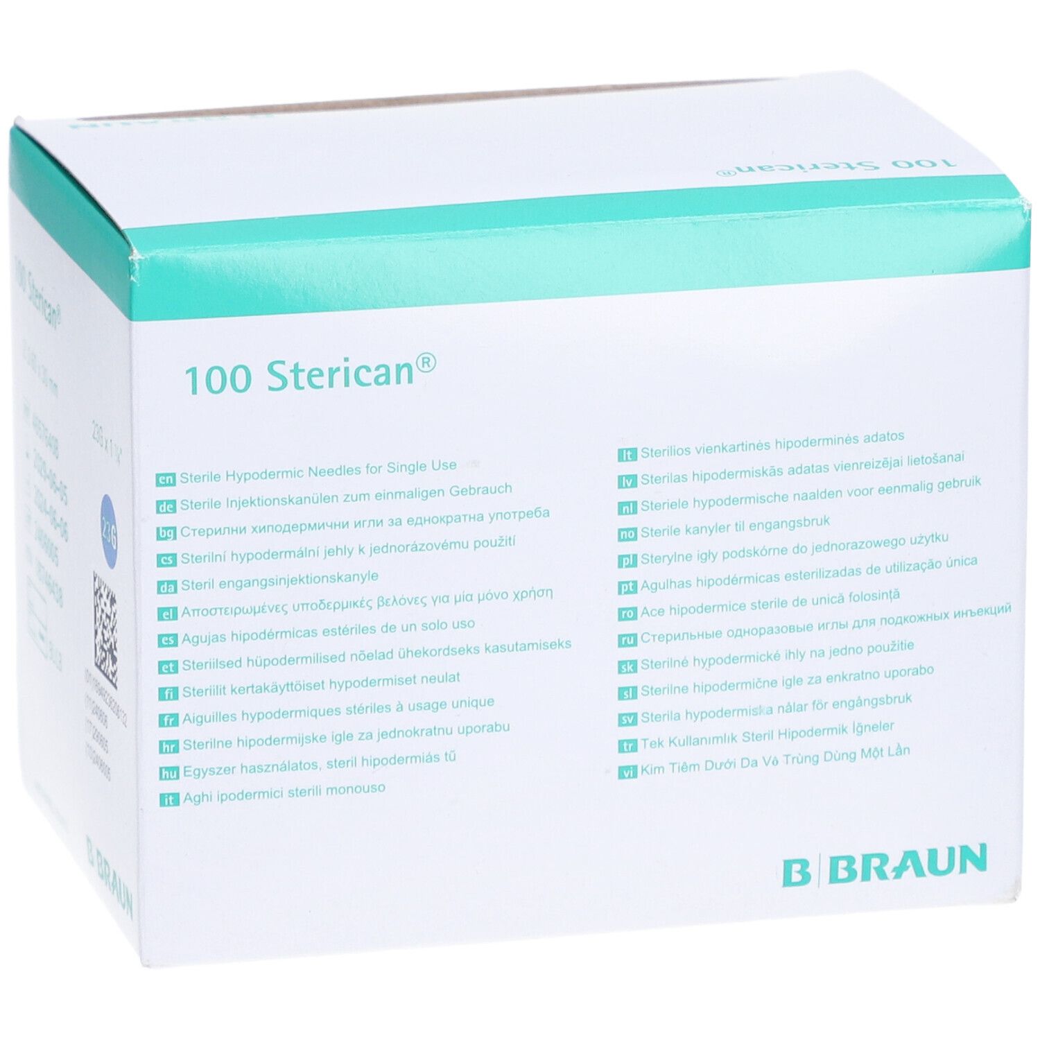 Verpackung mit 100 Sterican® Einmalkanülen. Aufschrift: Sterile Hypodermic Needles for Single Use. B. Braun Logo.