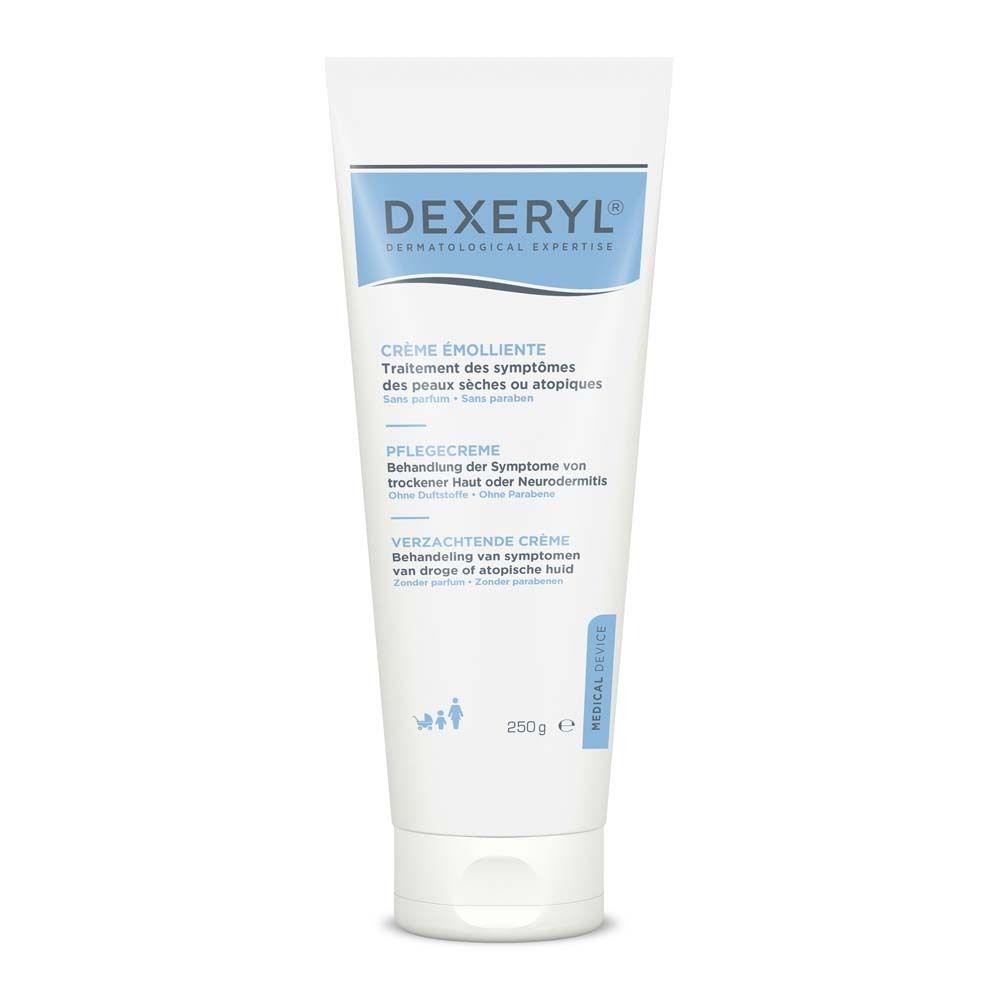 Weiße Tube mit DEXERYL Pflegecreme. Text in Deutsch, Französisch, Niederländisch. 250g. Medizinprodukt.