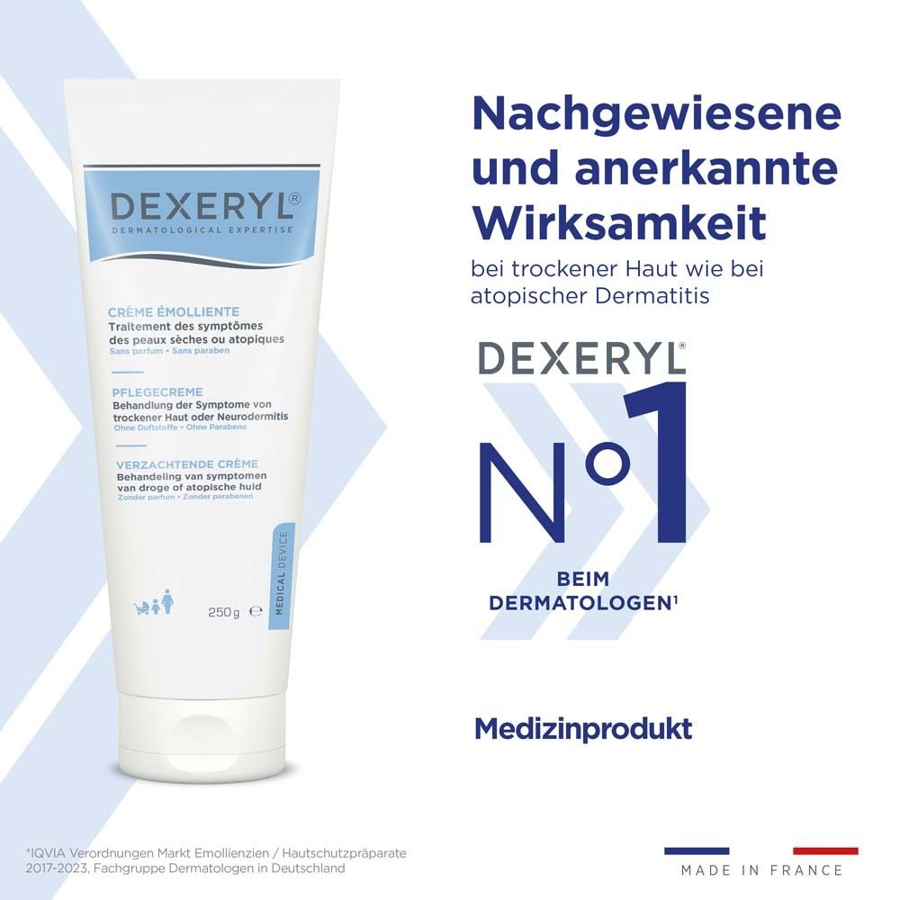 DEXERYL Creme, Nr. 1 beim Dermatologen. Text: Nachgewiesene Wirksamkeit bei trockener Haut. Medizinprodukt.