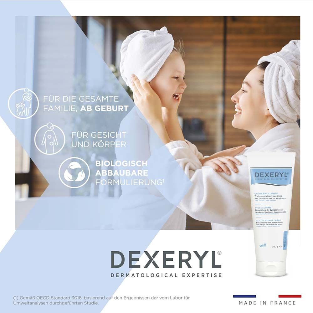 Frau und Kind mit Handtüchern. DEXERYL Creme. Text: Für die ganze Familie, ab Geburt. Biologisch abbaubar.