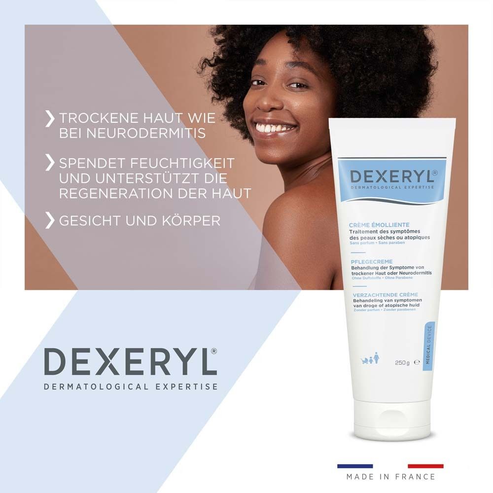 Frau mit Locken. DEXERYL Creme. Text: Trockene Haut wie bei Neurodermitis. Spendet Feuchtigkeit. Gesicht und Körper.