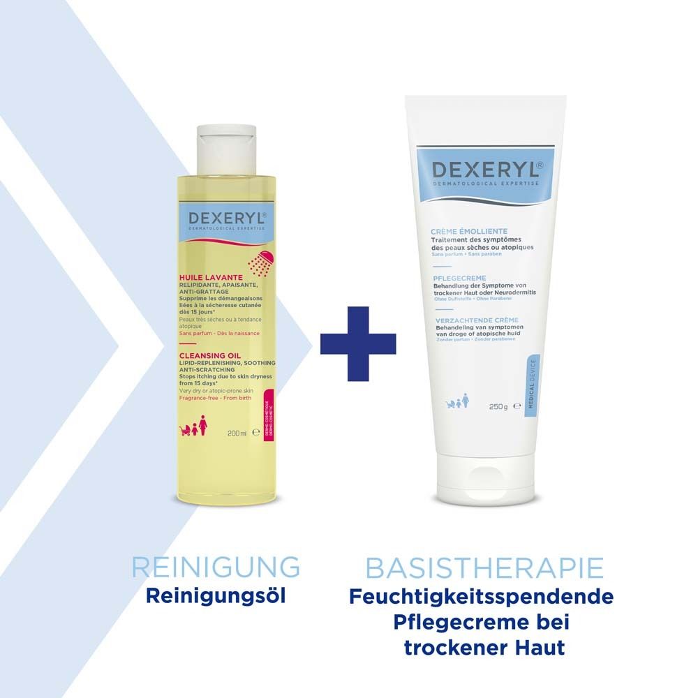 DEXERYL Reinigung und Pflege. Reinigungsöl und Pflegecreme. Basistherapie bei trockener Haut.