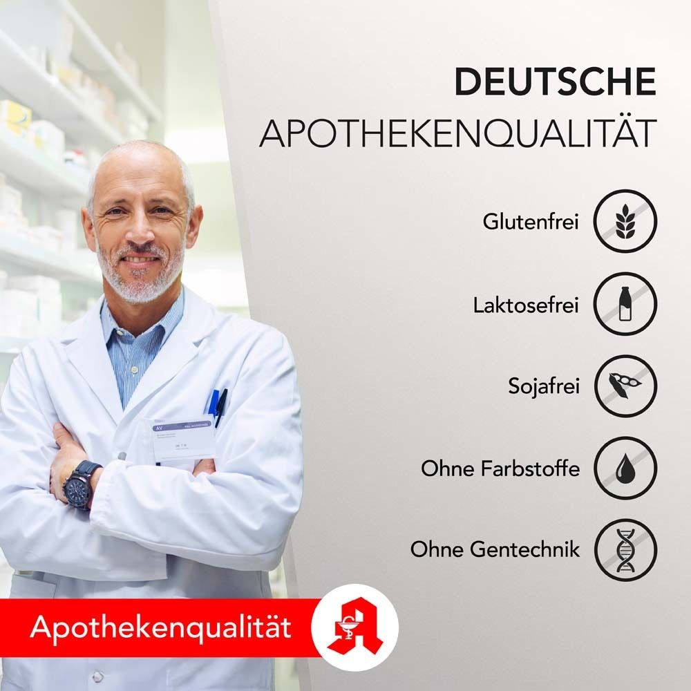 Mann im weißen Kittel. Text: Deutsche Apothekenqualität. Symbole: Glutenfrei, Laktosefrei, Sojafrei, Ohne Farbstoffe, Ohne Gentechnik.