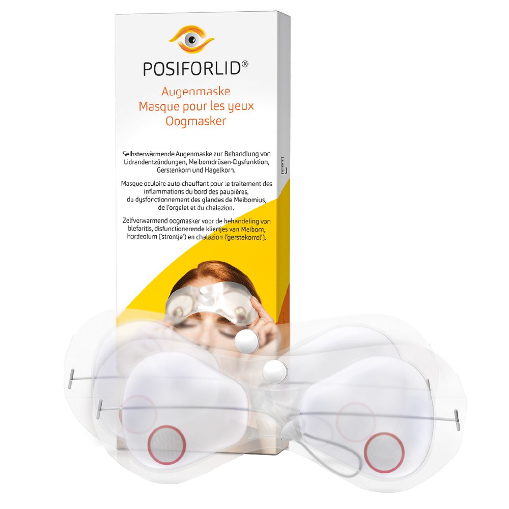 Verpackung mit POSIFORLID® Augenmaske. Produkt und Maske sind sichtbar. Text in Deutsch, Französisch und Niederländisch.