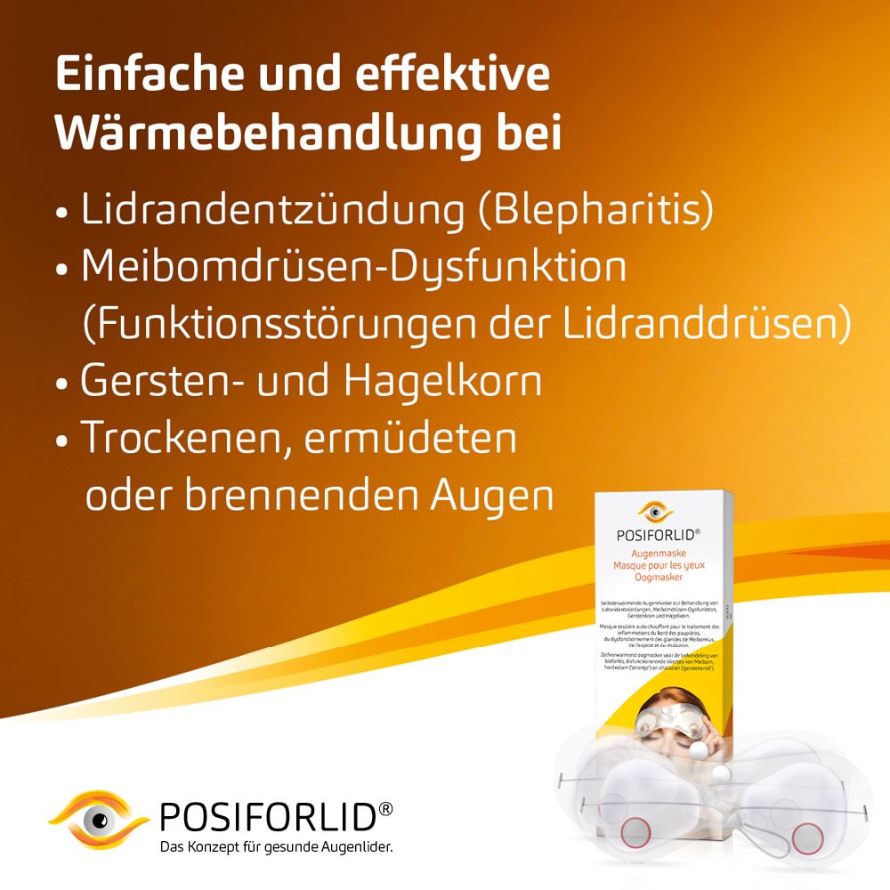 Text auf orangefarbenem Hintergrund. Aufzählungspunkte: Lidrandentzündung, Meibomdrüsen-Dysfunktion, Gersten- und Hagelkorn.