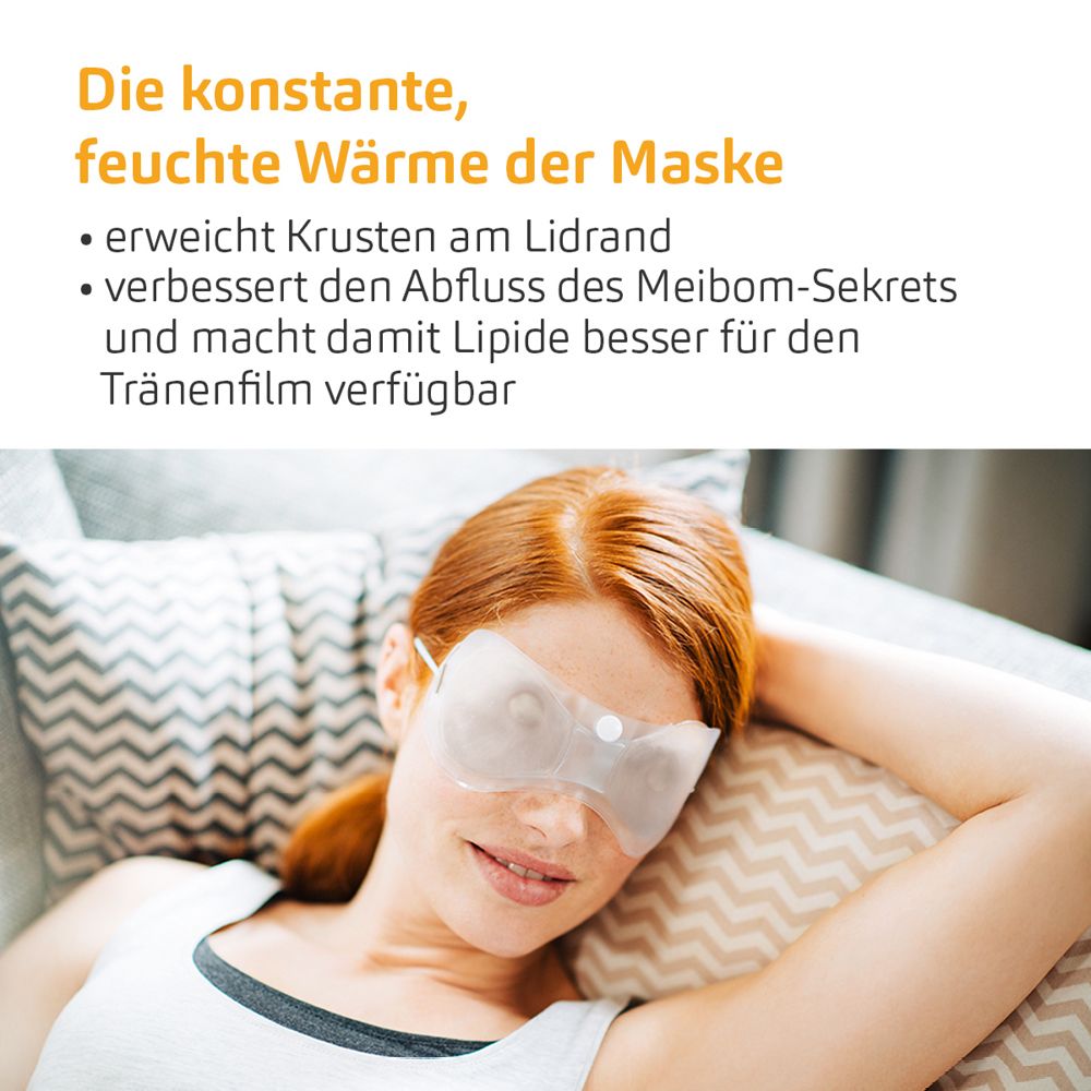 Frau mit Augenmaske. Text: Die konstante, feuchte Wärme der Maske. Vorteile für die Augen.