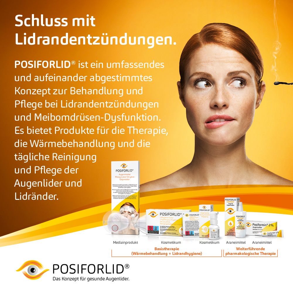 Frau mit Augenmaske. Weitere Produkte und Informationen. Text: Schluss mit Lidrandentzündungen.
