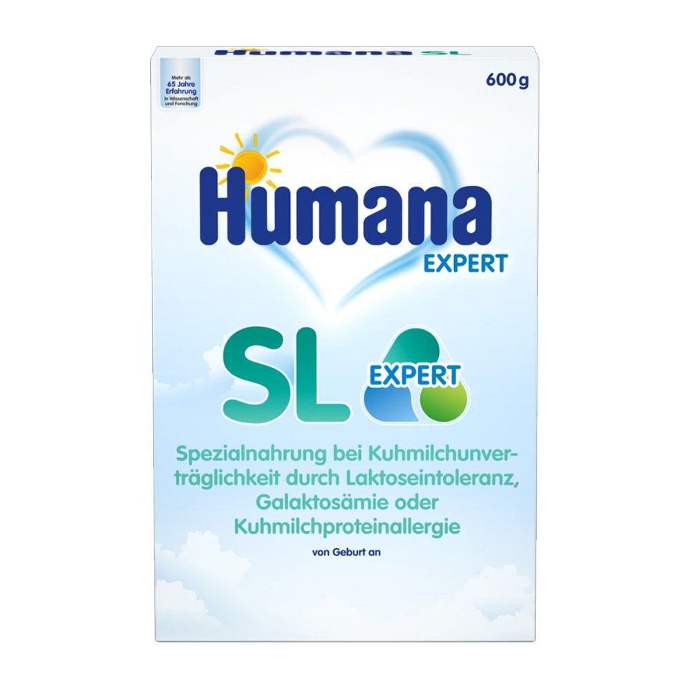 Humana SL Expert 600g Packung. Blaue und grüne Schrift, Herz-Logo. Spezialnahrung bei Kuhmilchunverträglichkeit.