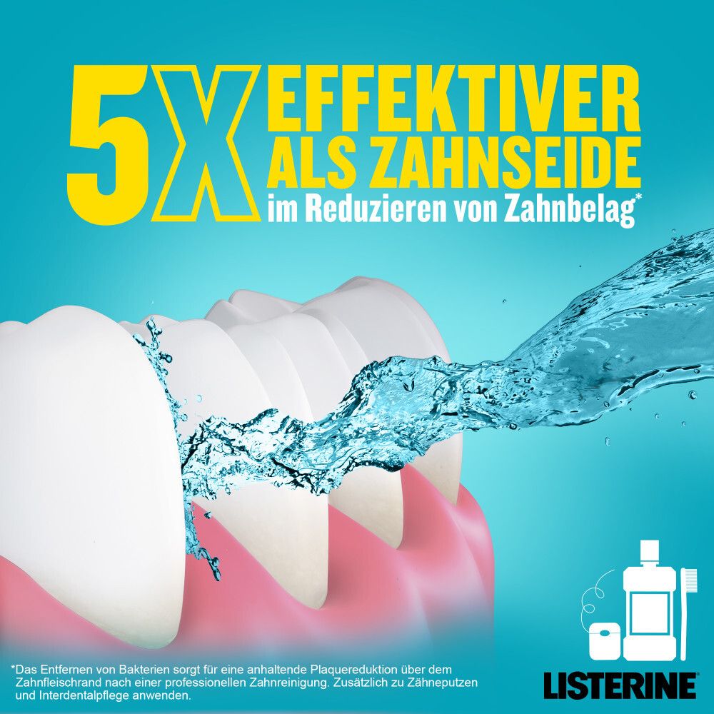 Zähne mit Wasserstrahl. Text: 5x effektiver als Zahnseide im Reduzieren von Zahnbelag.