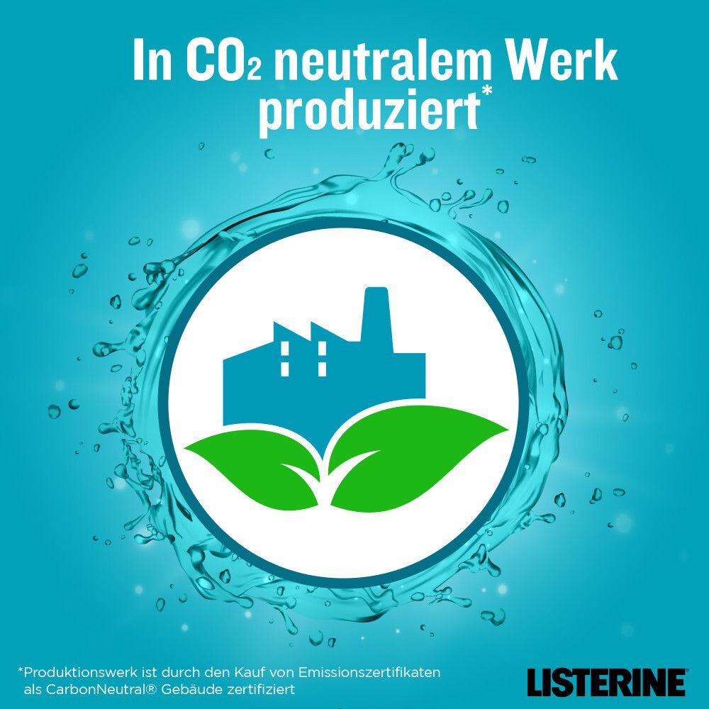 Kreisförmiges Logo mit Fabrik und Blättern. Text: In CO2 neutralem Werk produziert.