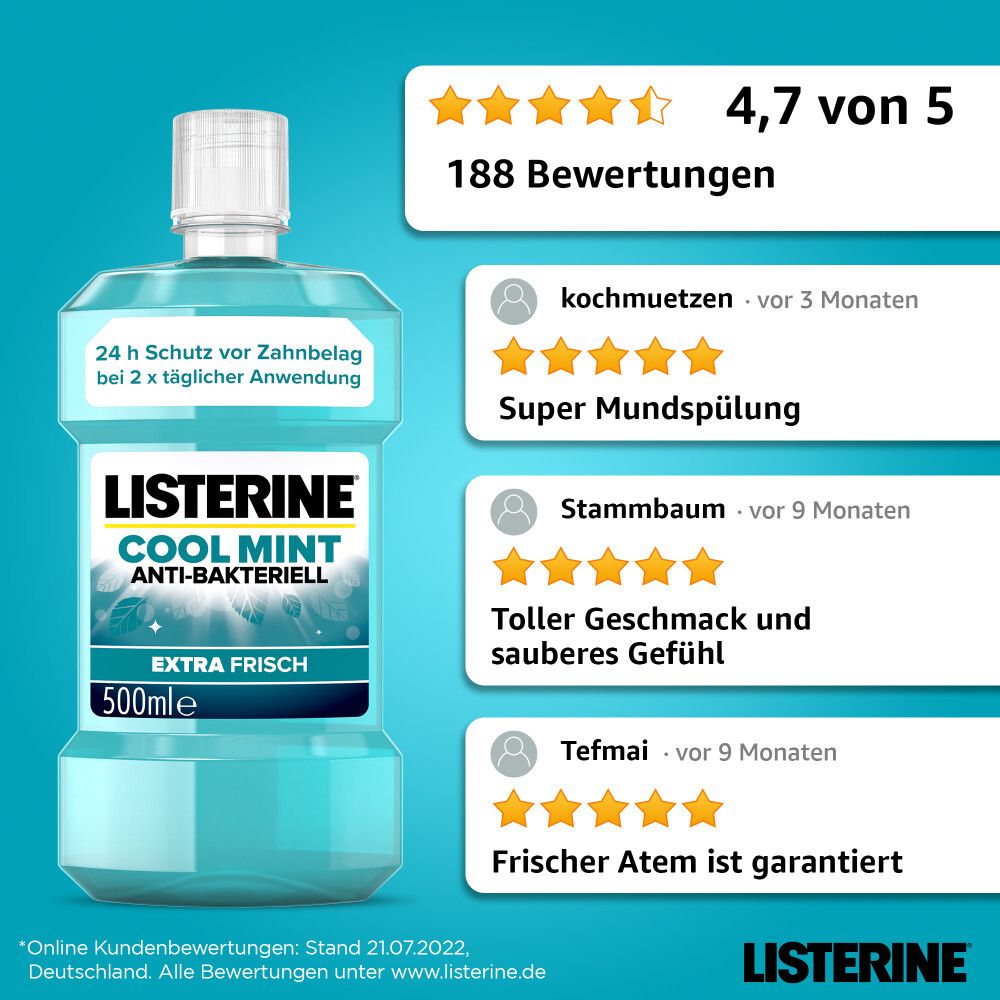 LISTERINE® Cool Mint Flasche mit Bewertungen. Text: 4,7 von 5 Sternen, 188 Bewertungen.