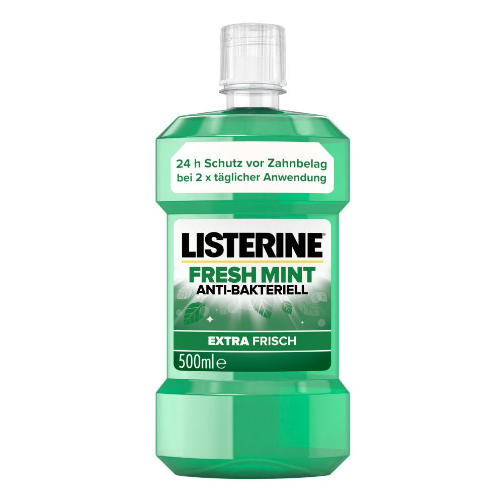 Grüne LISTERINE® Fresh Mint Flasche. Text: 24h Schutz vor Zahnbelag. Extra Frisch. 500ml.