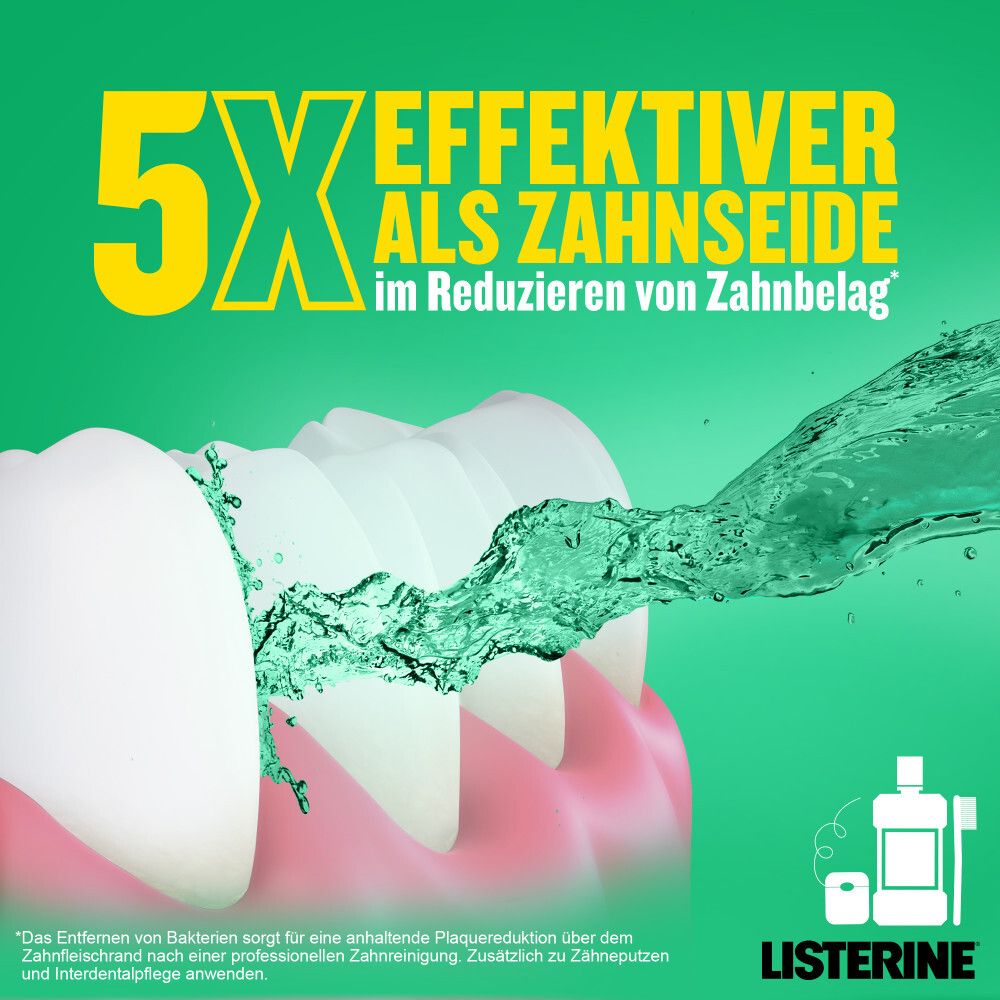 Zähne und Mundwasserstrahl. Text: 5x effektiver als Zahnseide im Reduzieren von Zahnbelag.