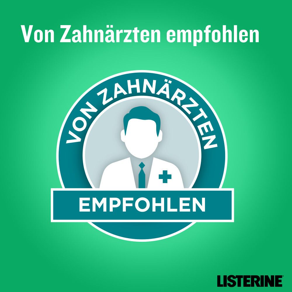 Rundes Logo mit Arzt. Text: Von Zahnärzten empfohlen. LISTERINE® Logo.