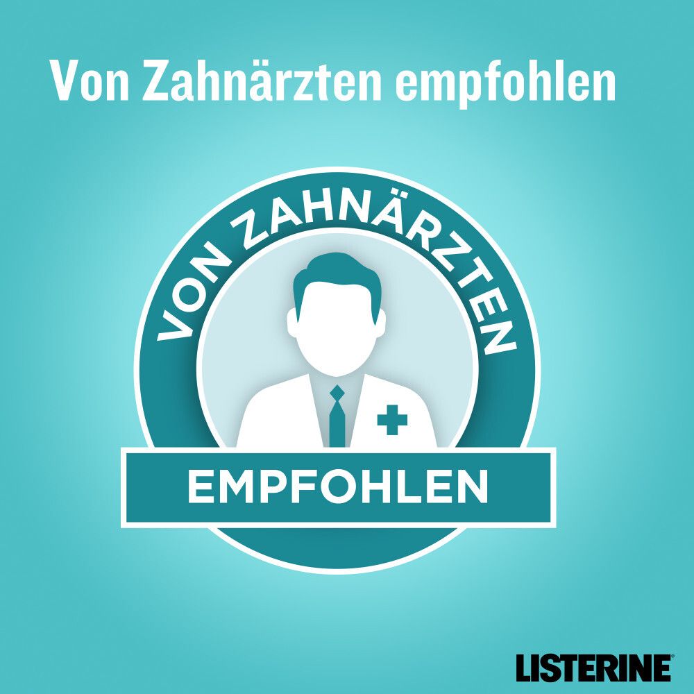 Rundes Siegel mit Arzt-Silhouette. Text: Von Zahnärzten empfohlen. LISTERINE® Logo.