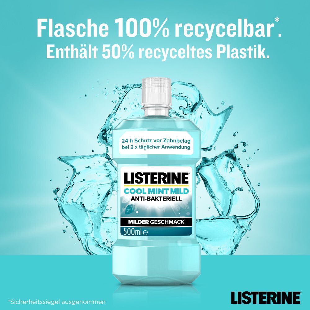 LISTERINE® Cool Mint Mild Flasche. Text: 100% recycelbare Flasche. Enthält 50% recyceltes Plastik. LISTERINE® Logo.