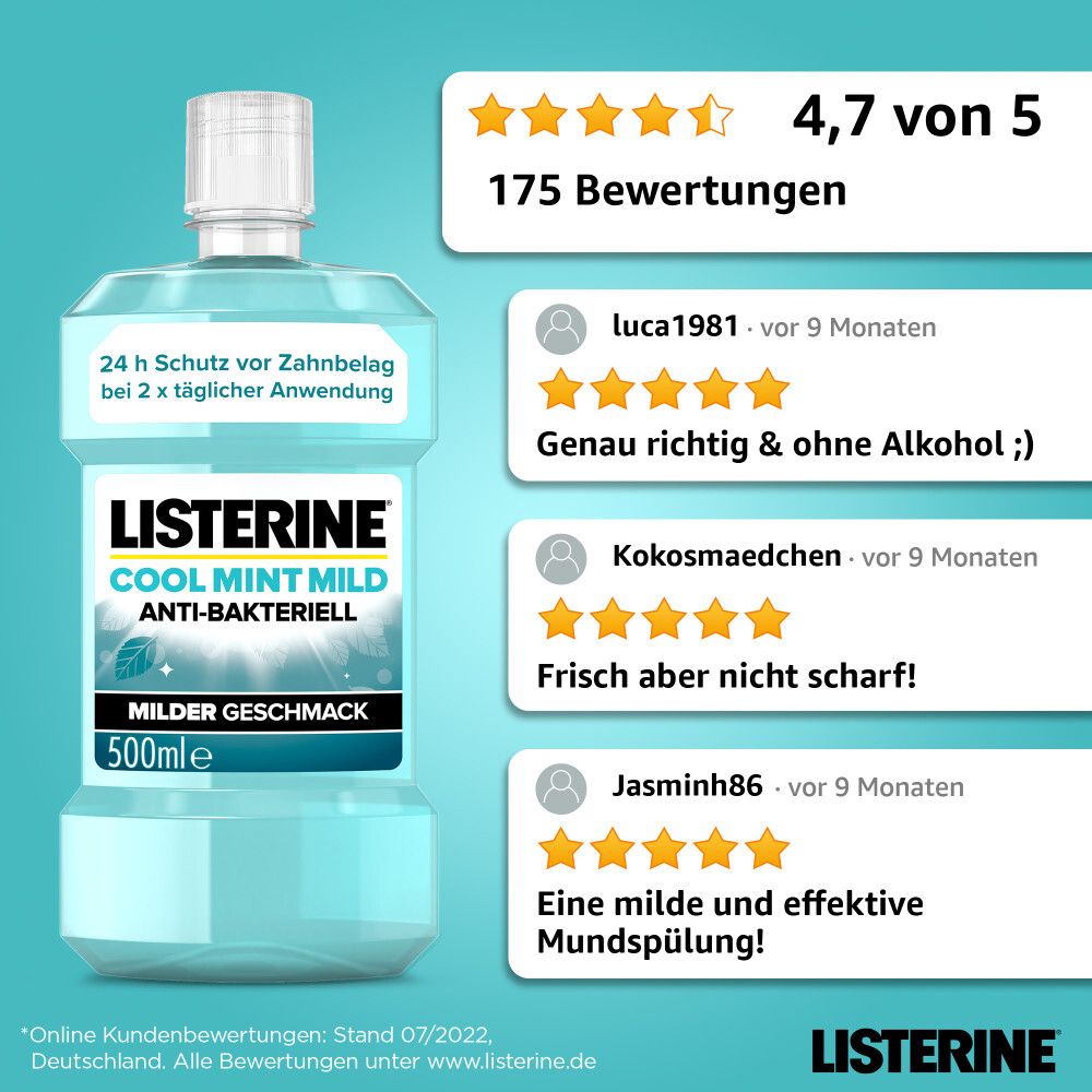 LISTERINE® Cool Mint Mild Flasche und Kundenbewertungen. Text: 4,7 von 5 Sternen, 175 Bewertungen. LISTERINE® Logo.