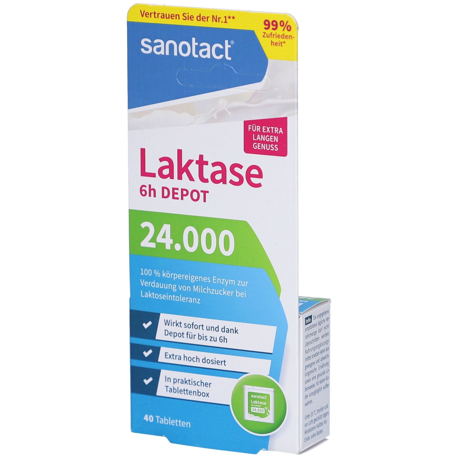Sanotact Laktase 6h DEPOT 24.000 Tablettenbox. Enthält 40 Tabletten. Aufschrift: 100% körpereigenes Enzym zur Verdauung von Milchzucker.