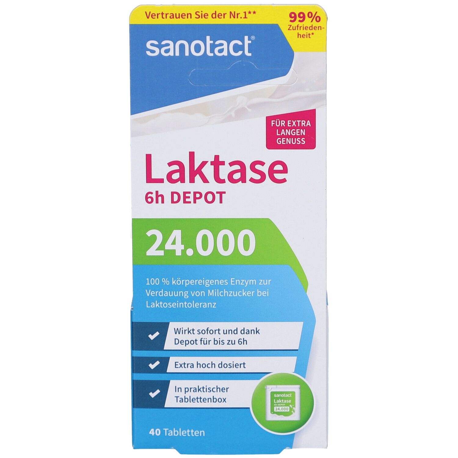 Sanotact Laktase 6h DEPOT 24.000 Tablettenbox. Enthält 40 Tabletten. Aufschrift: 100% körpereigenes Enzym zur Verdauung von Milchzucker.