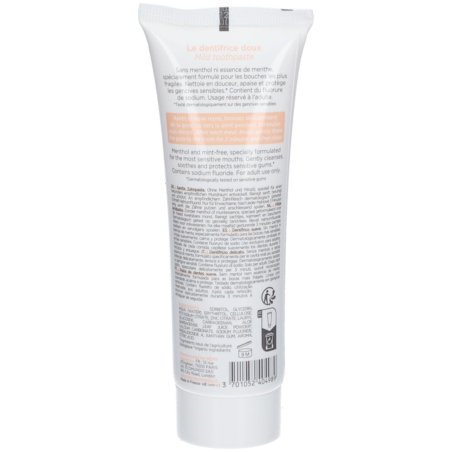 Rückseite der Zahncreme-Tube. Text in mehreren Sprachen. Enthält Informationen zu Inhaltsstoffen und Anwendung.