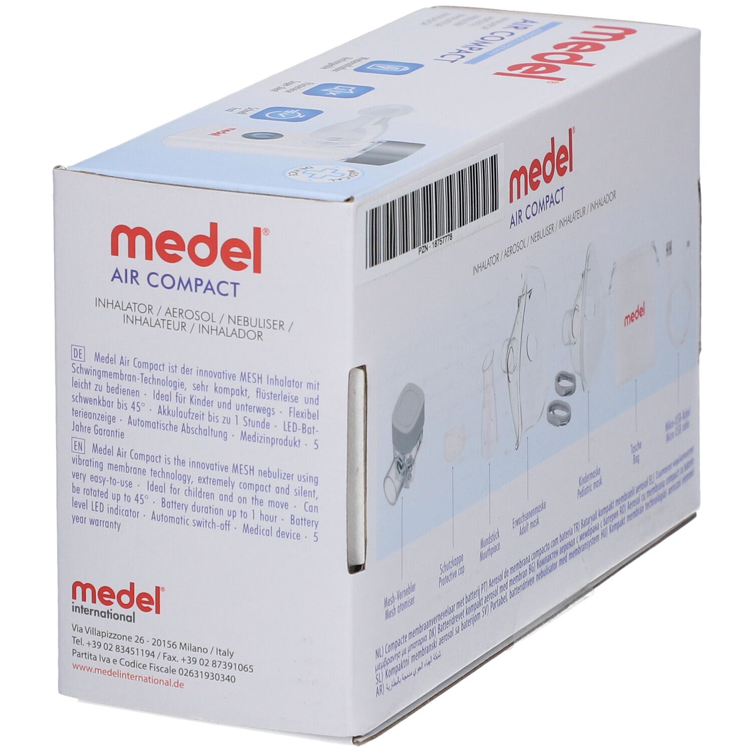 Medel Air Compact Inhalator-Verpackung mit Abbildungen des Geräts und eines Kindes bei der Anwendung.