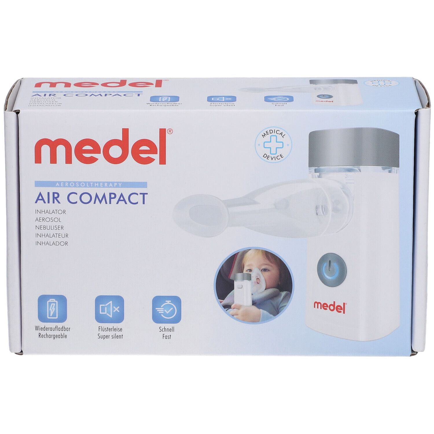 Medel Air Compact Inhalator-Verpackung mit Abbildungen des Geräts und eines Kindes bei der Anwendung.