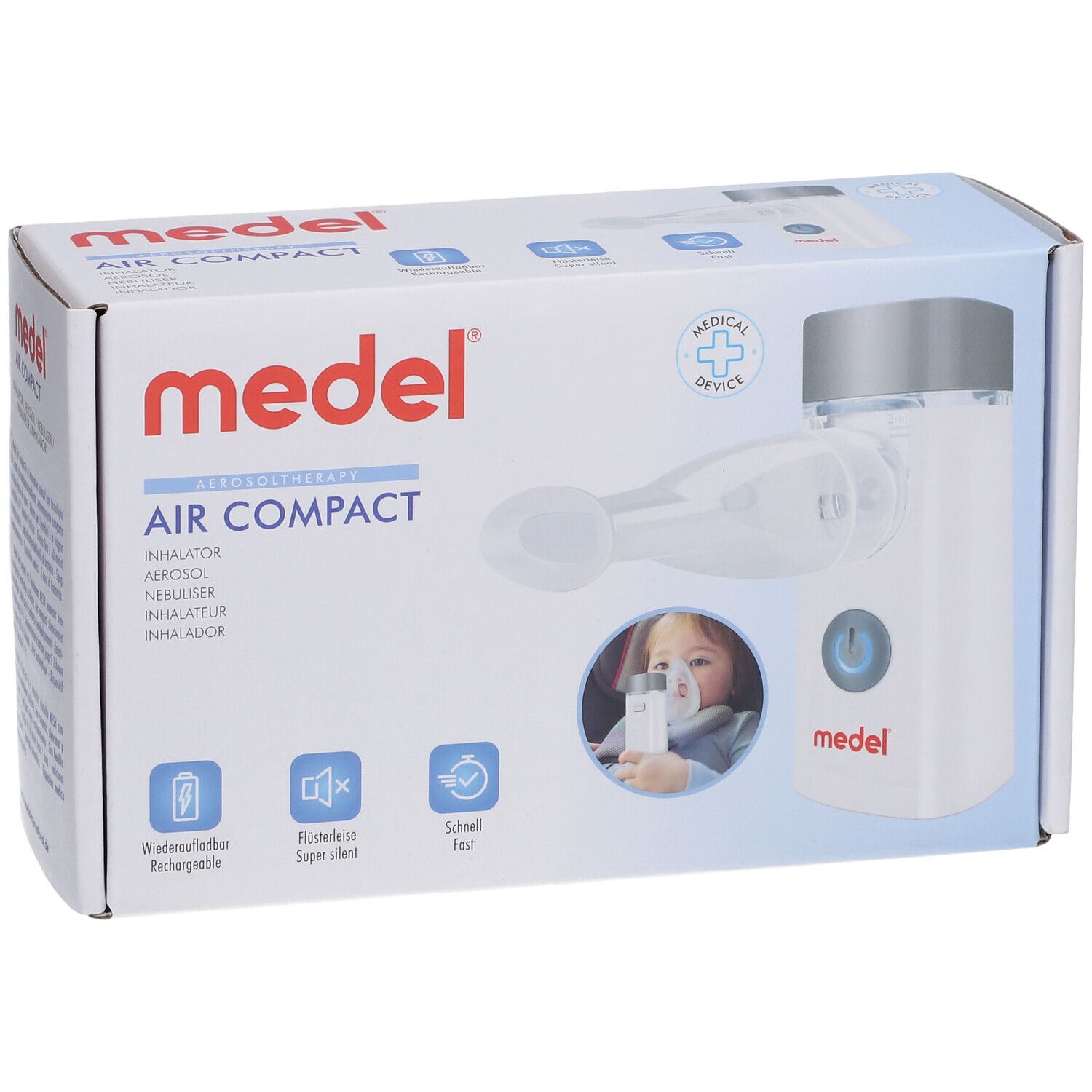 Medel Air Compact Inhalator-Verpackung mit Abbildungen des Geräts und eines Kindes bei der Anwendung.