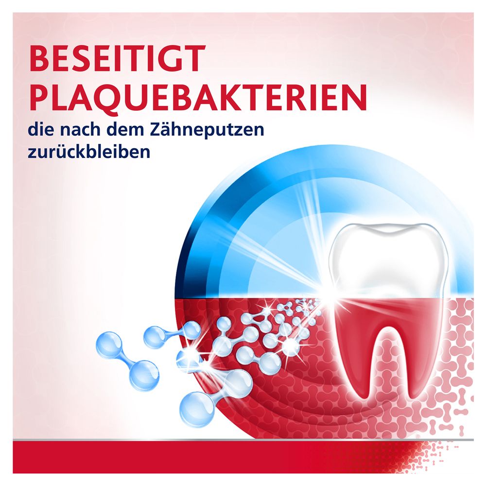 Zahn mit rotem Zahnfleisch. Blaue und weiße Elemente. Text: Beseitigt Plaquebakterien, die nach dem Zähneputzen zurückbleiben.