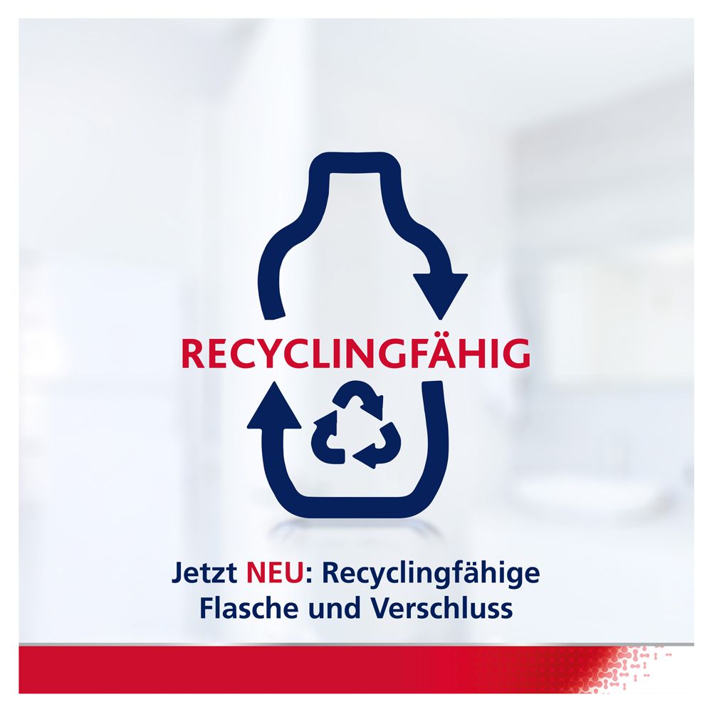 Recyclingfähige Flasche mit Recycling-Symbol. Text: Jetzt NEU: Recyclingfähige Flasche und Verschluss.