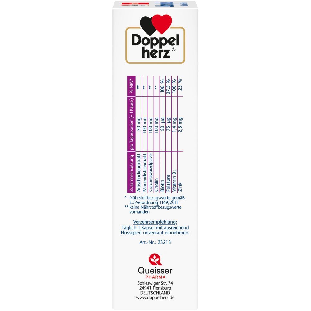 Seite der Doppelherz Leber plus Kapseln Packung. Enthält Nährwerttabelle und Verzehrempfehlung. Queisser Pharma.