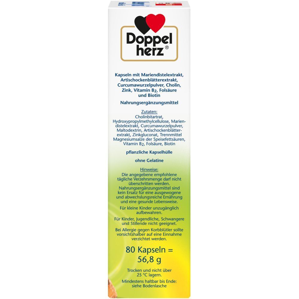 Seite der Doppelherz Leber plus Kapseln Packung. Auflistung der Inhaltsstoffe und Hinweise. 80 Kapseln = 56,8 g.