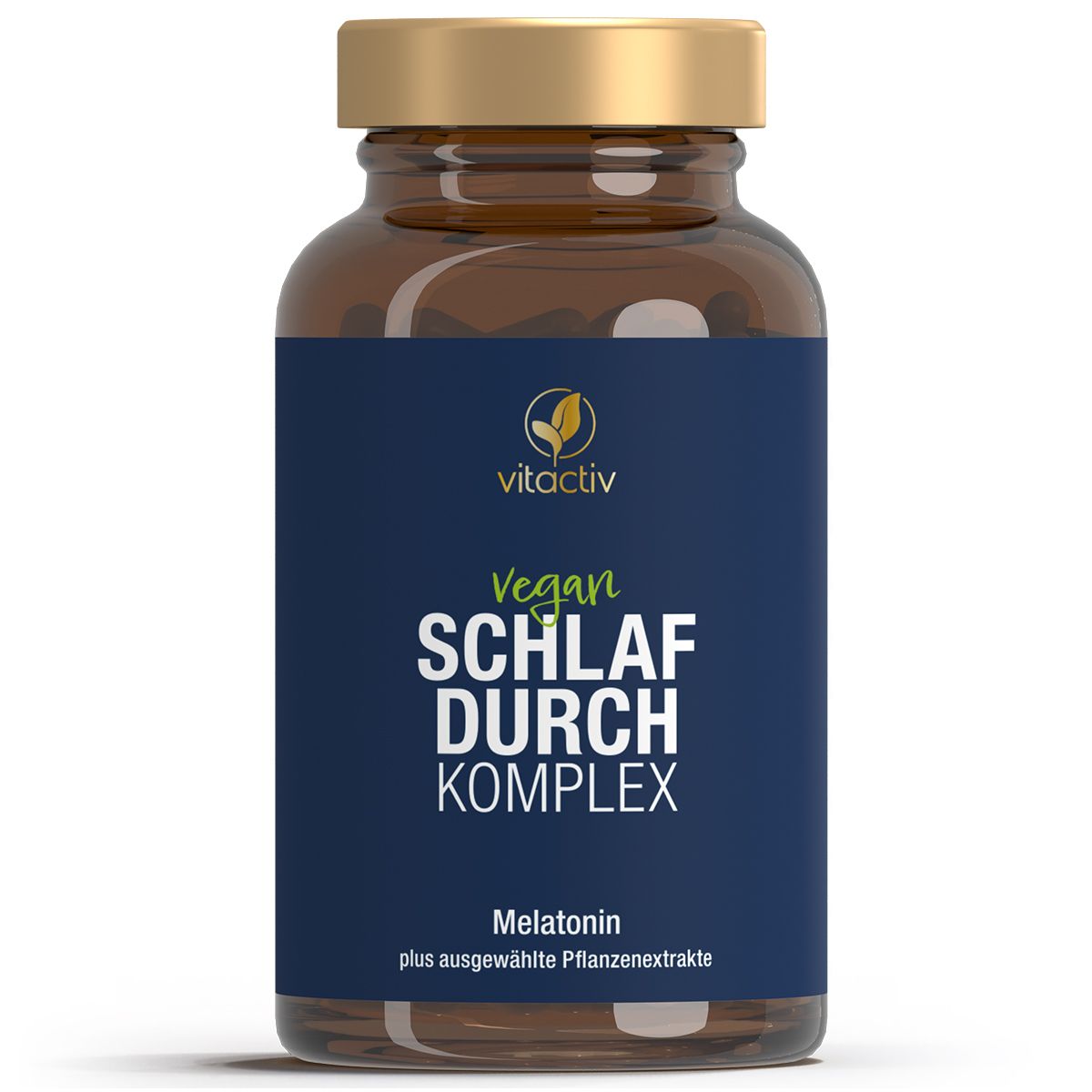 Braune Glasflasche mit goldfarbenem Deckel. Blaues Etikett mit weißer Schrift: vitactiv, Vegan, SCHLAF DURCH KOMPLEX, Melatonin.