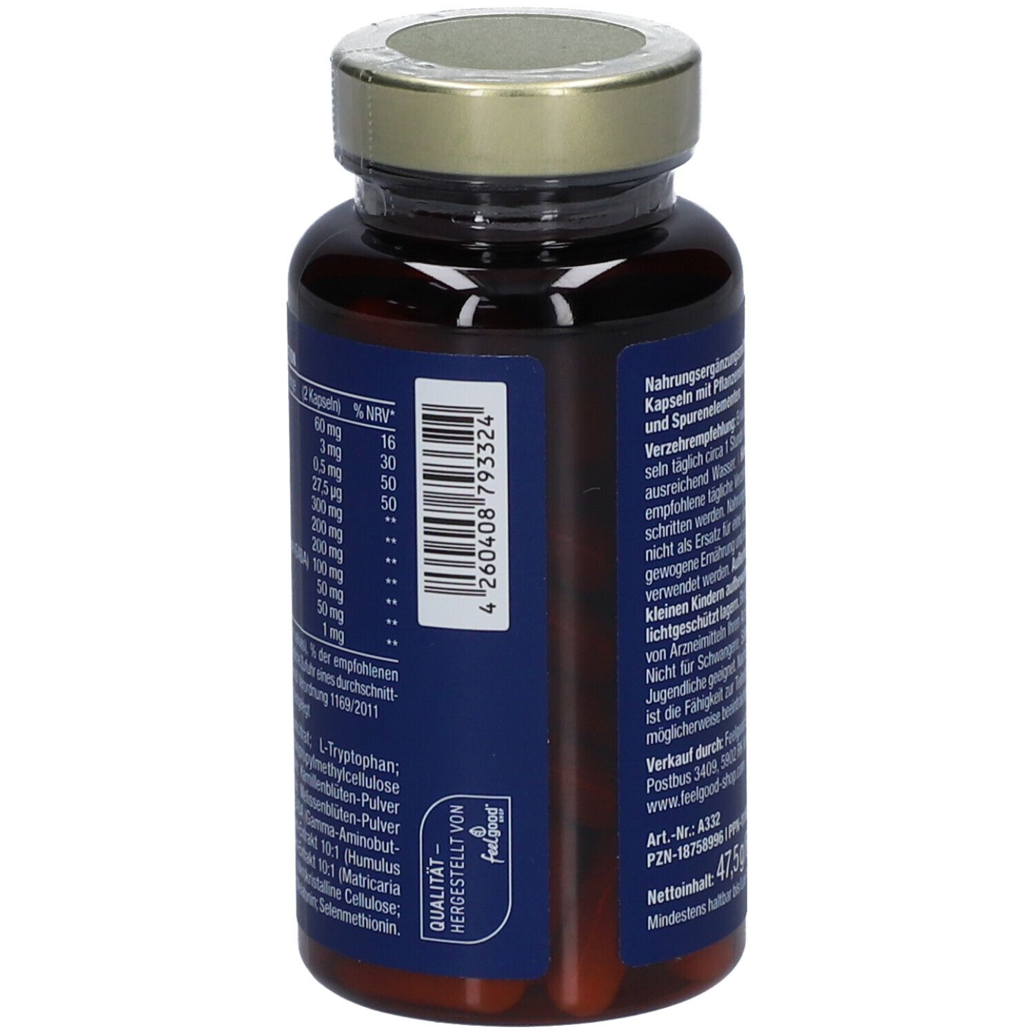 Braune Glasflasche mit goldfarbenem Deckel. Blaues Etikett mit weißer Schrift und Text. Nährwertdeklaration. Text auf Deutsch.