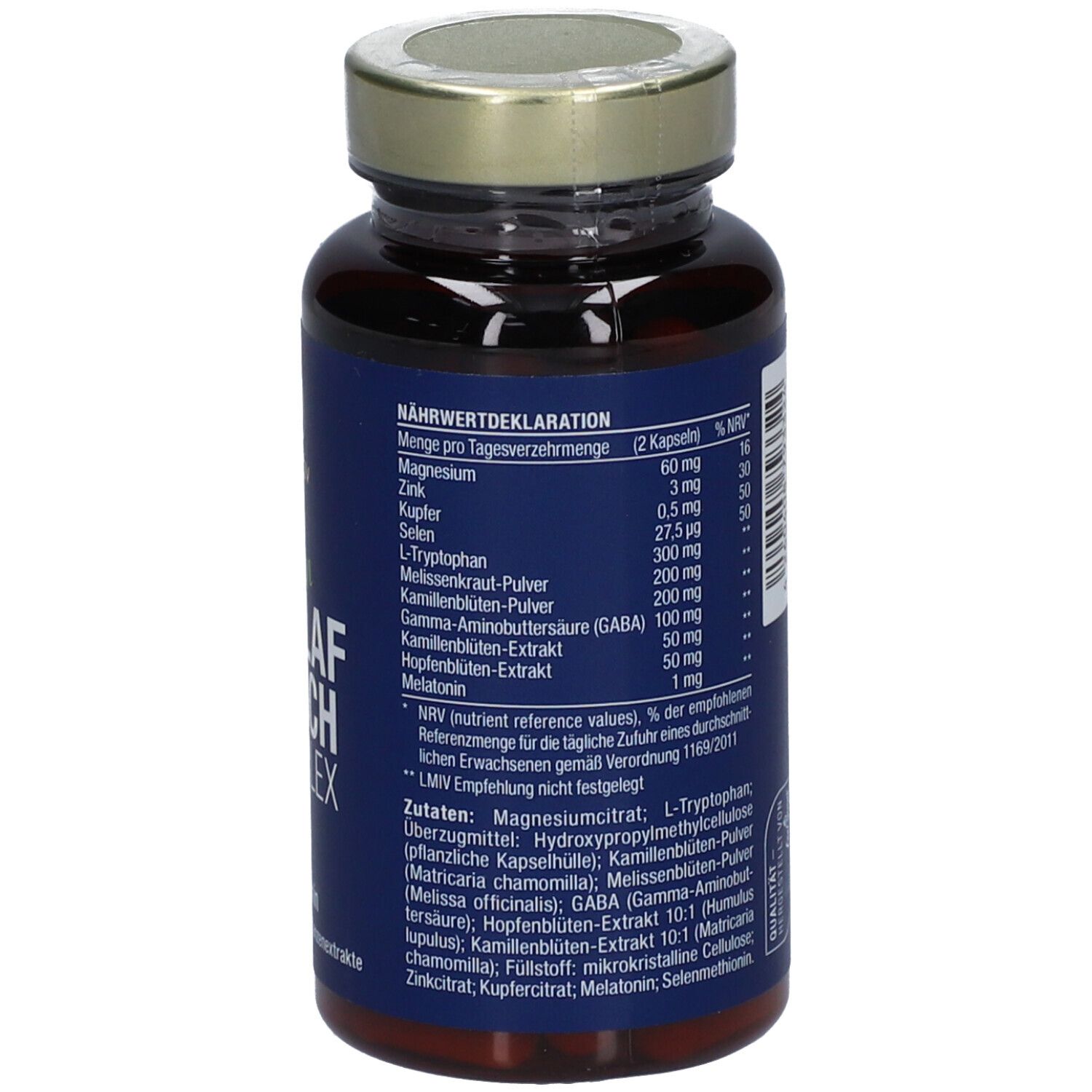 Braune Glasflasche mit goldfarbenem Deckel. Blaues Etikett mit weißer Schrift und Text. Nährwertdeklaration. Text auf Deutsch.