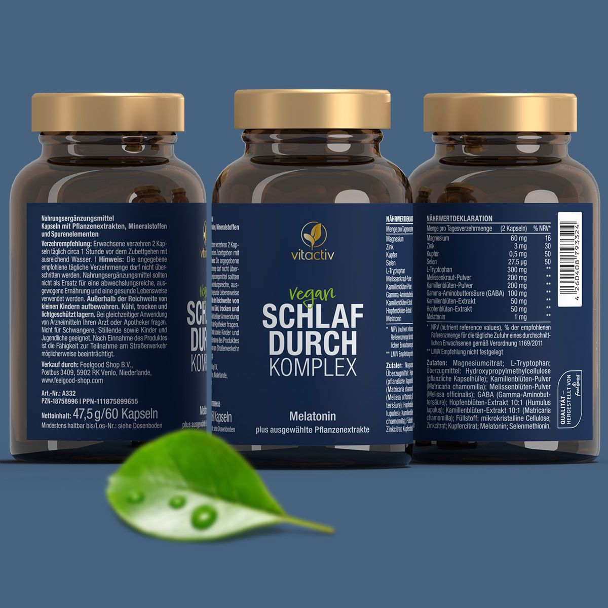 Drei braune Glasflaschen mit goldfarbenen Deckeln. Blaues Etikett mit weißer Schrift: vitactiv, Vegan, SCHLAF DURCH KOMPLEX, Melatonin. Blatt.